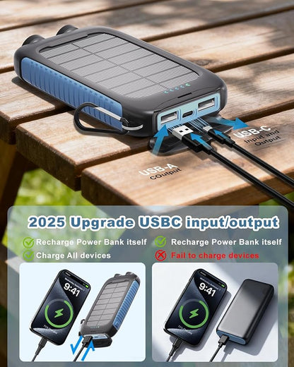 solar power bank, 20000mAh portable charger 5V/3A Fast Charging with USB-A and USB-C Ports battery bank Compatible with iPhone,Samsung,Waterproof,Emergency LED Flashlights for Camping, Hiking,Outdoor