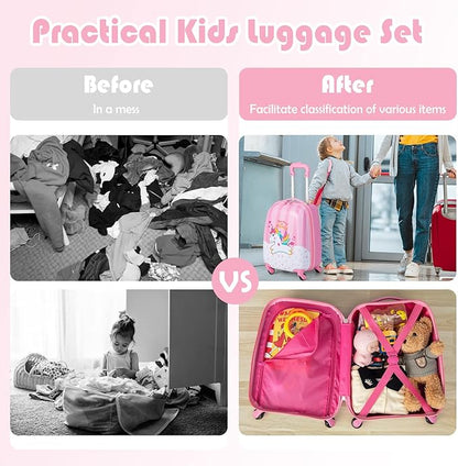 BABY JOY 2 Pcs Kids Luggage Set, 16" Carry-on Luggage Trolley Case & 12" Backpack w/Rolling Wheels, Retractable Handle, Lightweight Airline-approved Design, Kids Suitcase for Girls Boys (Lovely Pony)