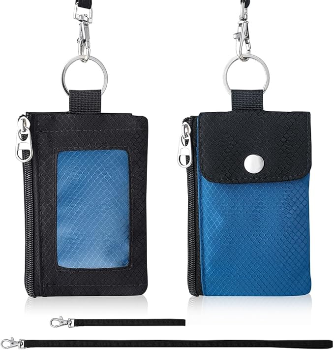 Minimalist Wallet For Mens Womens, Keychain RFID Blocking Zipper Small Wallet with ID Window 2 Lanyards,Water Resistant Travel Cash Card Coin Case Boys Girls