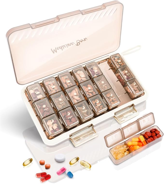 Weekly Pill Organizer 3x a Day - 7 Day Pill Box with 21 Compartments (Morning/Noon/Night), BPA-Free Daily Pill Case, Portable Medicine Organizer for Vitamins, Supplements & Medication【Upgrade】 (Brown)