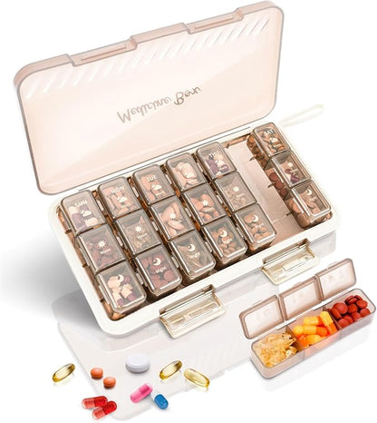 Weekly Pill Organizer 3x a Day - 7 Day Pill Box with 21 Compartments (Morning/Noon/Night), BPA-Free Daily Pill Case, Portable Medicine Organizer for Vitamins, Supplements & Medication【Upgrade】 (Brown)