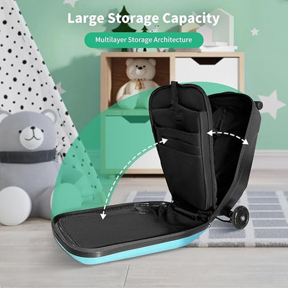 Scooter Hardshell Kids' Luggage, Foldable Carry on Kids Suitcase with Telescopic Handle for Travel, Multifunctional Ride On Lightweight Luggage with Wheels, Light Blue