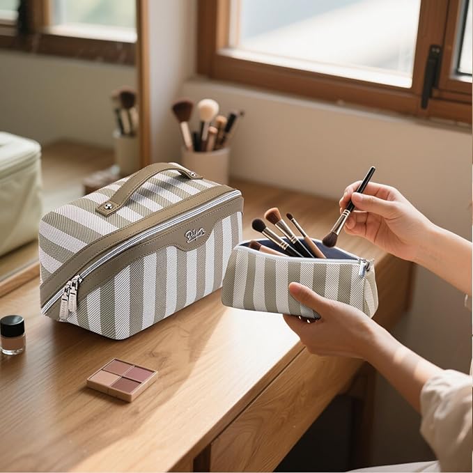 BOYATU Travel Makeup Bag for Women: Large Cosmetic Bag Set of 3 - PU Leather Make up Bag with Compartments - Compact Waterproof Toiletry Bag with Divider & Handle (B-7-Apricot)