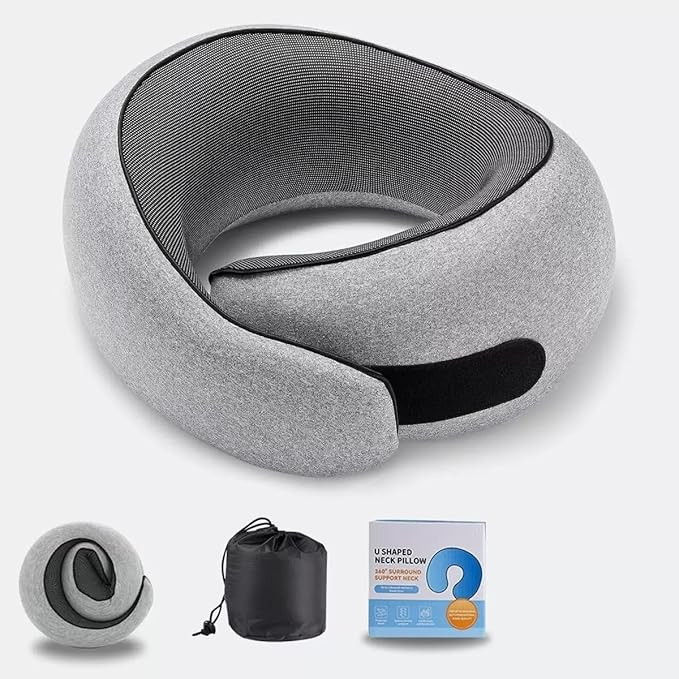 Neck Travel Pillow,360° Memory Foam Neck Pillow,Portable and Storable Pillows, Comfortable Breathable Ergonomic Design for Travel, Car Rides, Home and Offices Use (Grey)