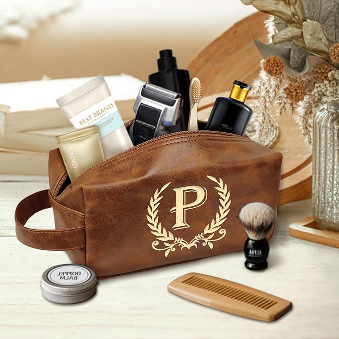 Leather Toiletry Bag Men Personalized Waterproof Shaving Bag, Travel Gift for Men Women with Initials A-Z - DarkBrown(P)