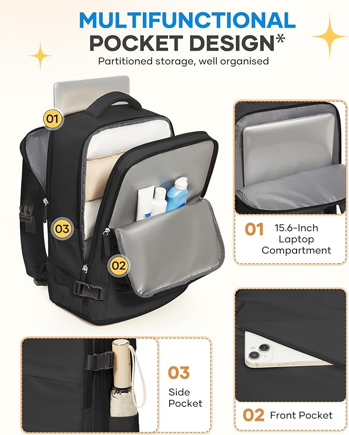 coofay Large Black Travel Backpack For Women Men Airline Approved Carry On Backpack Flight Approved Waterproof Sports Luggage Backpacks Casual Daypack Small Hiking Backpacks