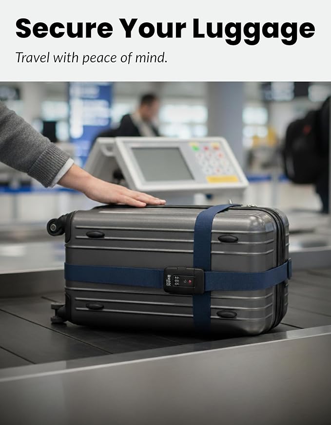 TSA Approved Luggage Straps – Set of 2 Anti-Burst Adjustable Polyester Suitcase Belts with 3-Dial Combination Lock – Prevents Accidental Opening, Secure Travel (Navy)