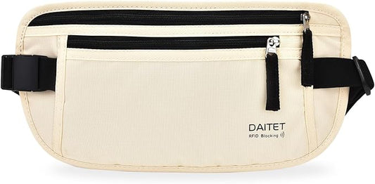 RFID Blocking Money Belt for Men Women, Slim Fanny Pack for Travel，Running,Conceal Waist Wallet for Passport Holder,Phone,Cash(Cream White)