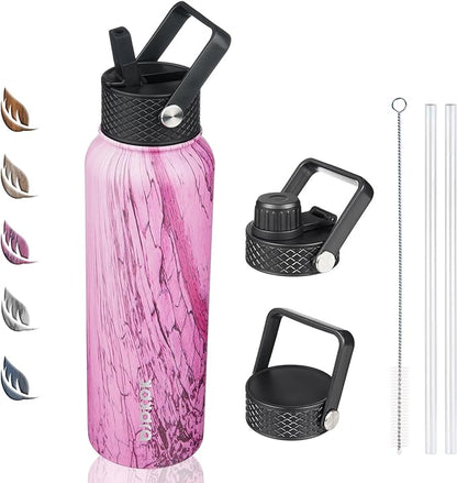 BJPKPK Insulated Water Bottles with Straw Lid, 40oz Stainless Steel Water Bottles with 3 Lids, BPA Free Leakproof Thermo, Tumblers, Cups for Sports, Gym- Wood Pink