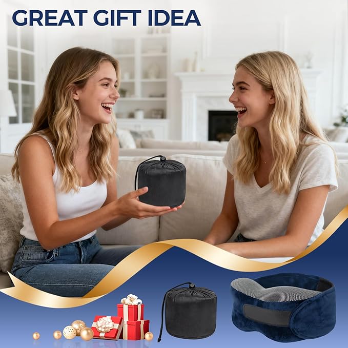 Memory Foam Neck Pillow for Airplane Travel - Ergonomic Support for Long Flights, Car Rides, Office & Home Use - Includes Contoured Eye Mask & Head Support - Adjustable Sizes M-L（Navy）