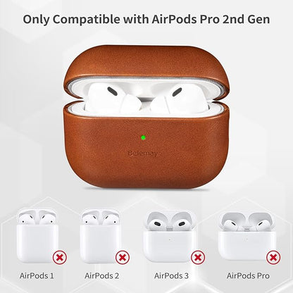 Belemay for AirPods Pro 2nd Generation Case, Compatible with MagSafe and Wireless Charging, Luxury Full-Grain Smooth Leather, Unique Patina, Comfort Grip, Compatible with Airpods Pro 2, Brown