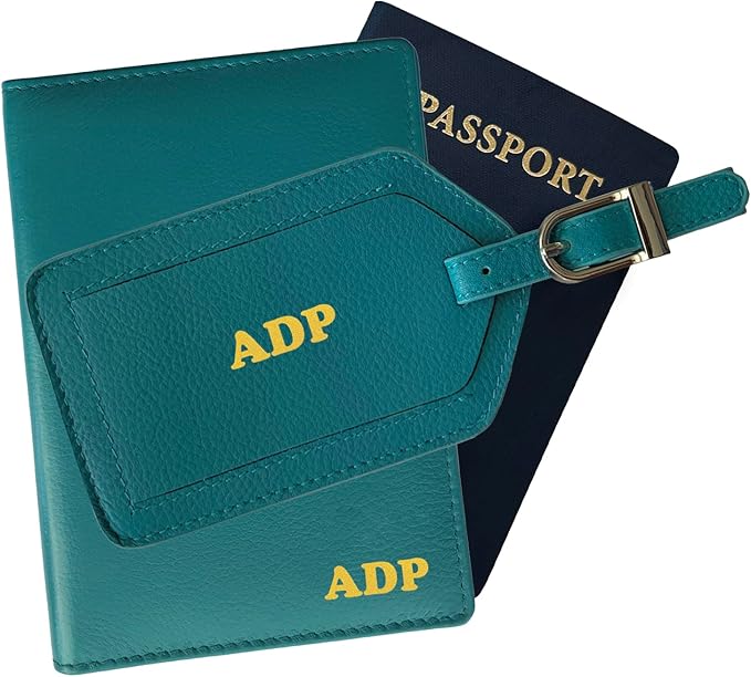 Personalized Monogrammed Teal Leather RFID Passport Wallet and Luggage Tag