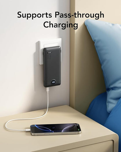 VRURC Portable Charger with Wall Plug, 10000mAh Slim Portable Charger Built in Cables,PD 20W Fast Charging Power Bank with Cords,USB C Portable Phone Charger Travel Accessories -Black(1 Pack)