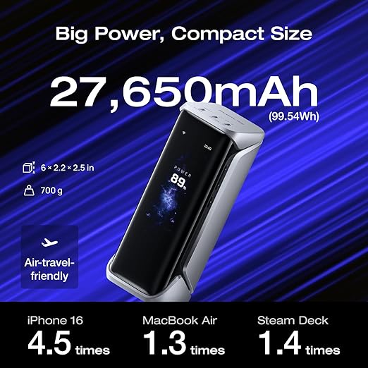 EF ECOFLOW Rapid Pro X Power Bank, 27650mAh, 300W, 140W Built-in Cable, 3-Port Portable Charger, 140W Output, Up to 320W Recharge, 3.9" Display, 2 ft Retractable Cable, Compatible with iPhone, Laptop
