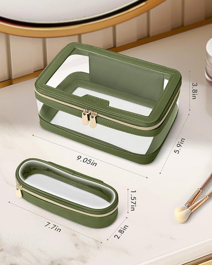 Travel Clear Makeup Bag with Makeup Brush Bag, Leather Makeup Case Toiletry Bag, Portable Cosmetic Bag Case, Transparent Waterproof Cosmetic Organizer Storage Bag for Women, Green