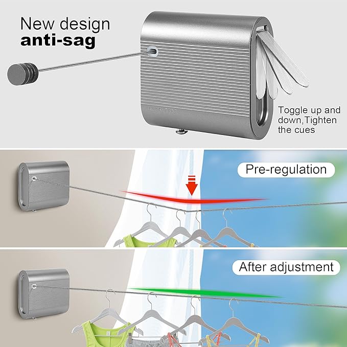 Retractable Clothesline, Anti-Sagging Portable Heavy Duty Washing Line for Indoor and Outdoor (Grey)