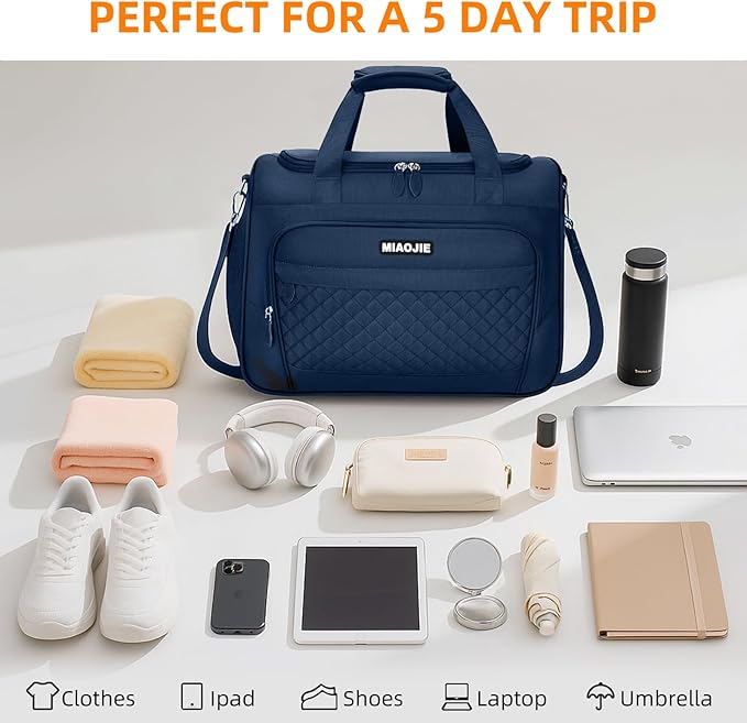 Travel Duffle Bag for Women, Underseat Carry On luggage Bag Foldable Overnight Weekender Hospital Bag Lightweight Airplanes Personal Item Travel Tote Bag for Women Birthday Gifts, 18IN Navy Blue