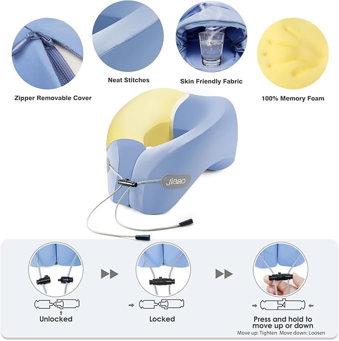 jiaao Neck Pillow Airplane, 2025 Upgraded Memory Foam Travel Pillow for International Flights, Adjustable Clasp, Storage Bag, Advanced Neck Support for Road Trips, Home, Office, and Gaming