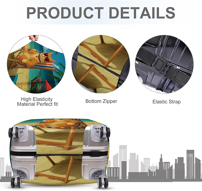 ANNA QUEEN Summer Cat Luggage Cover, Cat in Sunglasses with a Beach Drink, Stretchable, Washable Travel Protector for 24-26 Inch Suitcases