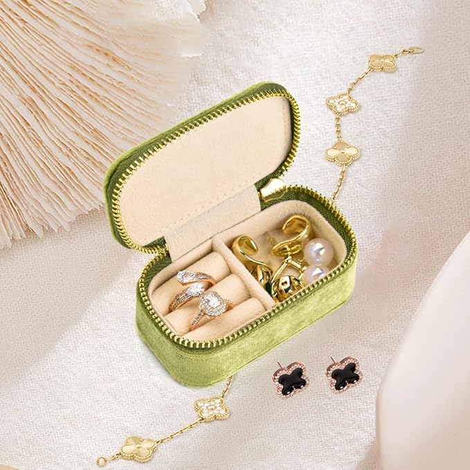 TAIMY Small Travel Jewelry Case, Mini Tiny Plush Velvet Jewelry Box for Women and Girls, Pocket Size Jewelry holder organizer for Rings Earrings and Small Items(Mistletoe Green)