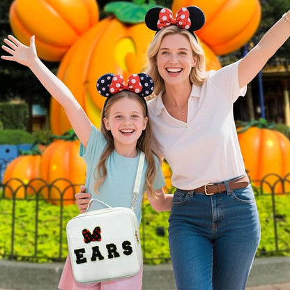 Chenille Letter Bow Mouse Ears Travel Case, Park Ears Headband Holder Hair Accessories Organizer Bag for Girls Women Kids Adults, Large Makeup Bag Snack Bags with Zipper for Travel Picnic - White