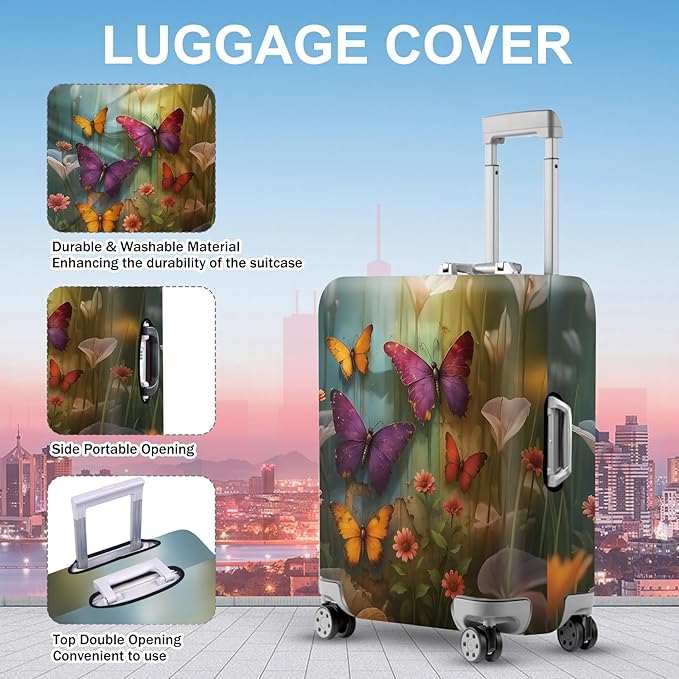 ANNA QUEEN Butterfly Garden Luggage Cover, Colorful Butterfly and Flower Suitcase Protector, Stretchable Washable Travel Sleeve for 24-26 Inch Luggage