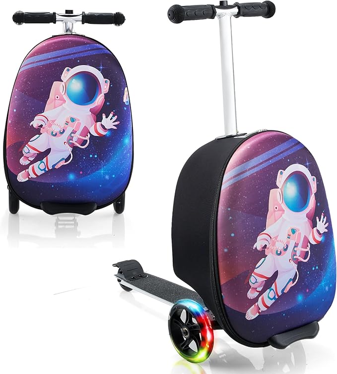 Yacul Kids Suitcase Scooter, 2-in-1 Foldable Luggage with LED Light Wheels, Lightweight Carry-On Travel Suitcase for Boys and Girls(Blue)