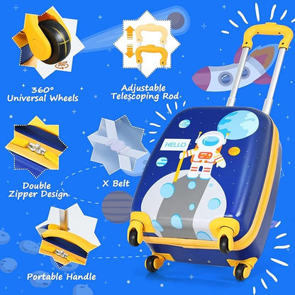 KOTEK Kids Carry On Luggage Set, 16" Hardside Rolling Suitcase with Spinner Wheels, Travel Rolling Luggage for Boys Girls (Spaceman)