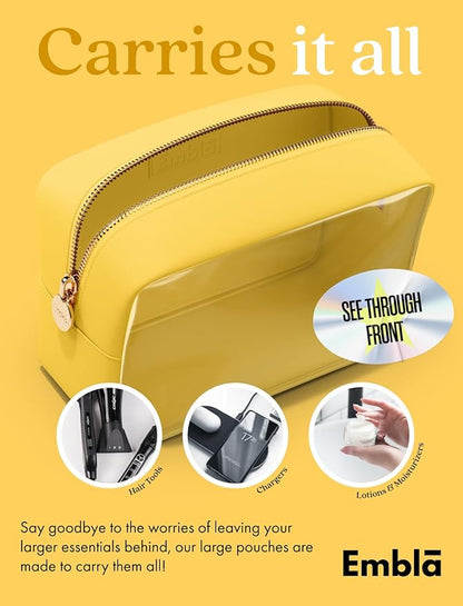 Embla London Makeup Bag Cosmetic Case, Clear Zipper Make Up Pouch and Toiletry Travel Tote, Cute Skincare Pouches for Women Girls, Preppy Purse Cosmetic Organizer, Large Makeup Bags, Lemon