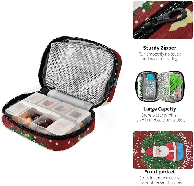 Pill Organizer Box Case Weekly Travel Pill Container Holder 7Day Cute Vitamin Organizer Dispenser Sorter Planner Storage Small Compact Santa Claus Wreath Christmas Tree Snowflakes Colorful15