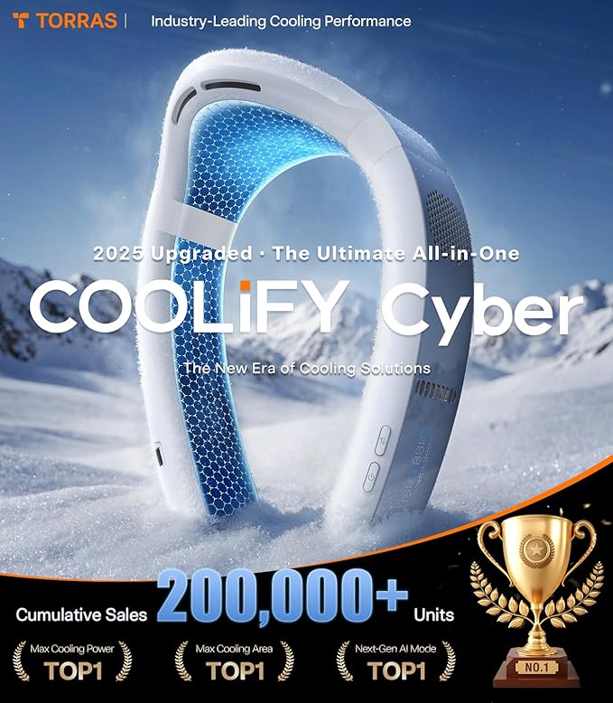TORRAS COOLiFY Cyber・2025 Flagship AI Neck Air Conditioner, Ultimate Immersive Cooling Portable Neck Fan【No.1 Coolest & Max Cooling Area】Neck Cooler Neck Fans that Blow Cold Air Rechargeable for Gifts