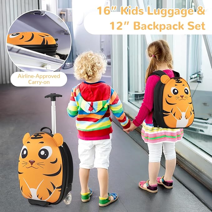 HONEY JOY Kids Luggage, 12” Children Hardshell Backpack & 16” Toddler Travel Rolling Suitcase, 2 Pcs Lightweight Carry On Luggage Set, Kids Luggage with Wheels for Girls & Boys(Orange Tiger)