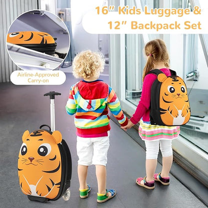 HONEY JOY Kids Luggage, 12” Children Hardshell Backpack & 16” Toddler Travel Rolling Suitcase, 2 Pcs Lightweight Carry On Luggage Set, Kids Luggage with Wheels for Girls & Boys(Orange Tiger)