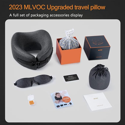 MLVOC Travel Pillow Memory Foam Neck Pillow, Adjustable Comfort Breathable Cover, Airplane Travel Set with 3D Sleep mask, Earplugs Box, for Airplane, Car, Office, Home (Full Black)
