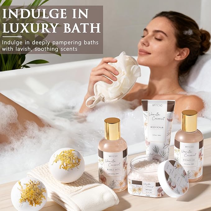 Christmas Birthday Gifts for Women, Vanilla Coconut Relaxing Spa Gift Baskets for Women Self Care Package Bath Gift Set, Home Bath and Body Kit Pampering Gifts for Womens Mom Her Friends Sister Wife
