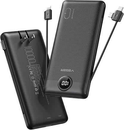 VEGER Portable Charger for iPhone Built in Cables and Wall Plug, 10000mah Slim Fast Charging USB C Power Bank, Travel Essential Battery Pack Compatible with iPhones, iPad, Samsung More Devices(Black)