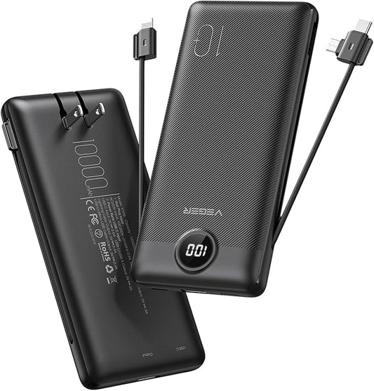 VEGER Portable Charger for iPhone Built in Cables and Wall Plug, 10000mah Slim Fast Charging USB C Power Bank, Travel Essential Battery Pack Compatible with iPhones, iPad, Samsung More Devices(Black)