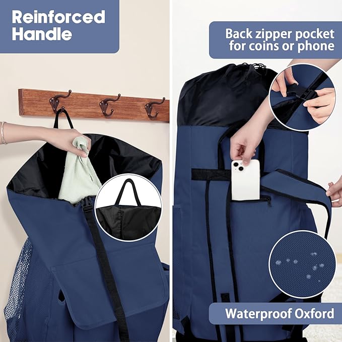 Laundry Backpack Bag, 132L Extra Large Heavy Duty Laundry Backpack for College Dorm Essentials, Laundry Hamper Travel Bag with Shoulder Straps and Mesh Wash Bags for Laundromat, Apartment Blue