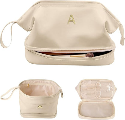 Stocking Stuffers for Women Gifts, Initial Large Makeup Bag, Travel Essentials, Personalized Double Layer Cosmetic Bag with Makeup Brush Organizer, Travel Toiletry Bag, Trendy Gift for Women