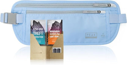 Peak Gear Travel Money Belt. Premium Quality Travel Wallet with RFID Blocking Fabric to Protect Credit Cards, Passports and Documents. Exclusive Theft Protection and 2 Recovery Tags | Blue