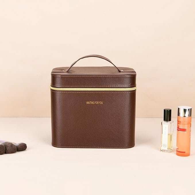 Luxury makeup box, Portable leather hard cosmetic case with mirror, cosmetic case organizer,Professional train case for women adults. (Brown)