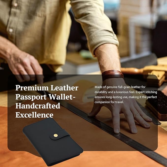 Full Grain Leather Passport Wallet, RFID Blocking Passport Holder with Tracker Slot, Multi Compartment Travel Wallet for Women & Men, Secure Passport Cover Case for Airport Essentials (Black)