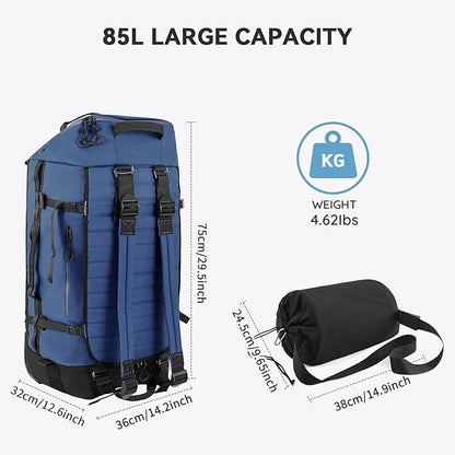 85L 29“ Foldable Rolling Backpack with Wheels, Soft-Side Travel Duffle Bag with Separate Shoe Compartment, Full Quilted Bottom, Navy Blue