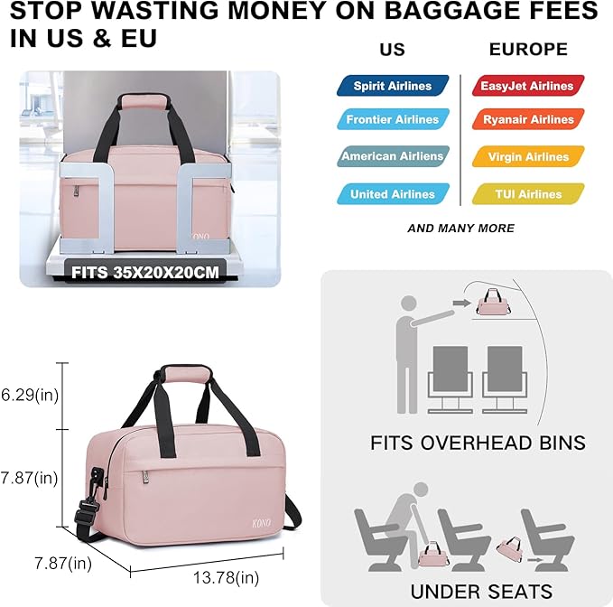 Kono Travel Duffel Bag 14L Under Seat Carry-on Bag Sports Tote Gym Bag Weekender Overnight Bags 13.78"x7.87"x7.87" Pink