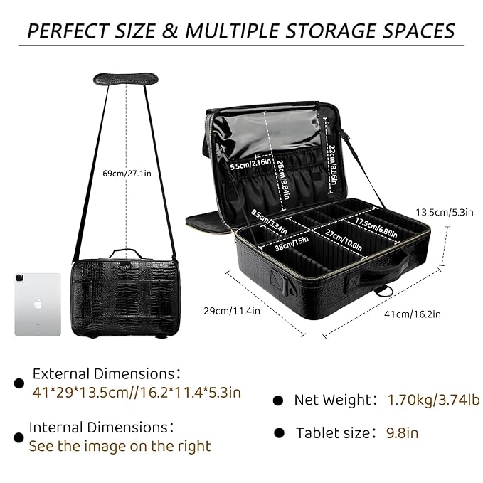gzcz Large Capacity Travel Makeup Case Organizer,Professional Cosmetic Bags for Women,Waterproof PU Leather Makeup Bag with Adjustable Dividers and Shoulder Strap for Brushes and Jewelry