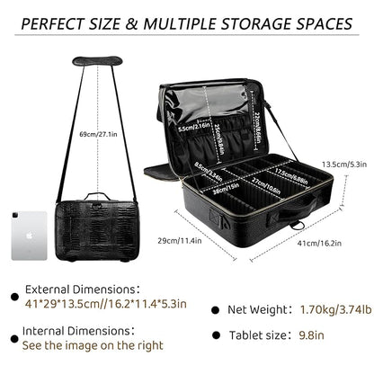 gzcz Large Capacity Travel Makeup Case Organizer,Professional Cosmetic Bags for Women,Waterproof PU Leather Makeup Bag with Adjustable Dividers and Shoulder Strap for Brushes and Jewelry