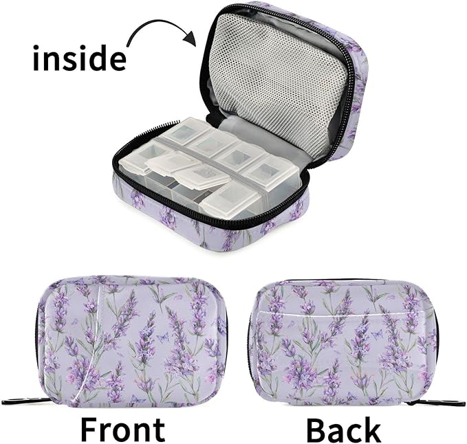 Fustylead Watercolor Vintage Lavender Flowers Travel Pill Organizer Case Zipper for Purse with Removable Weekly Pill Box for Medicine, Vitamin, Supplement Medicine Organizer