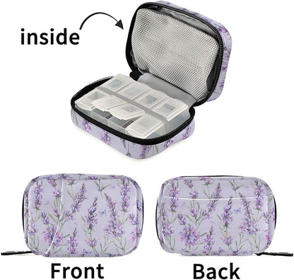 Fustylead Watercolor Vintage Lavender Flowers Travel Pill Organizer Case Zipper for Purse with Removable Weekly Pill Box for Medicine, Vitamin, Supplement Medicine Organizer