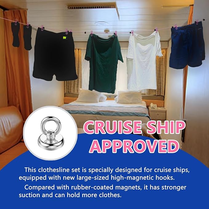Magnetic Retractable Clothes Line for Cabin - Approved 2025 Cruise Essentials Clothes Drying Rack Travel Clothesline with Clothespins -4 Luggage Tags Strong Magnets Hooks (Blue)