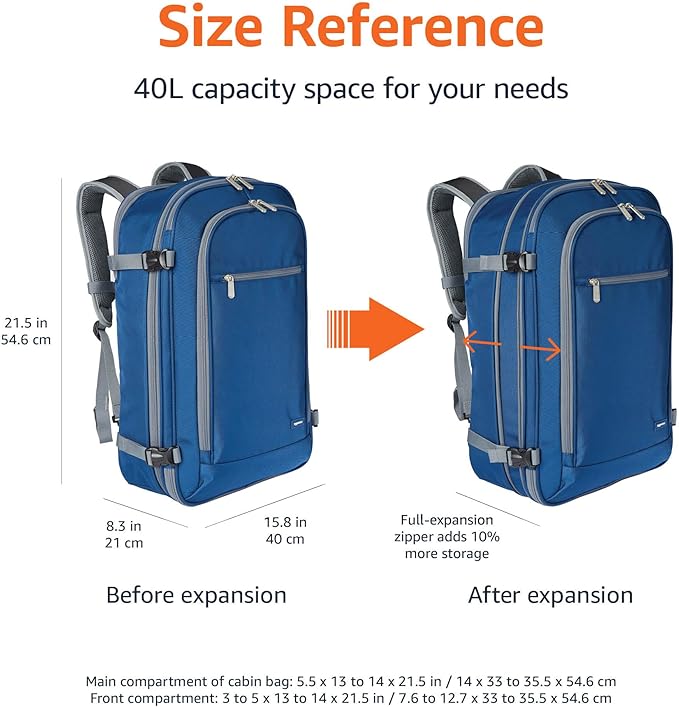 Amazon Basics Travel Backpack, Carry On Backpack, With Laptop Compartment, 40L Capacity, Expandable for 10% Extra Space, Backpack & Shoulder Bag Dual Use, 15.8"W x 21.5"H x 8.3"D, Navy